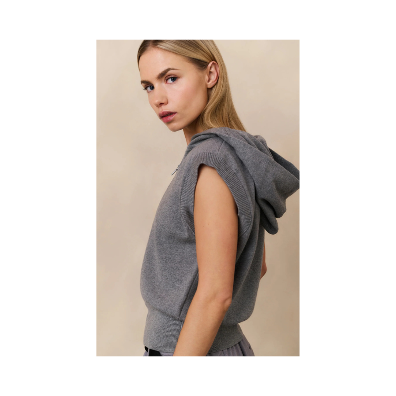 Sleeveless Knit Hoody in Grey Melange by YAYA