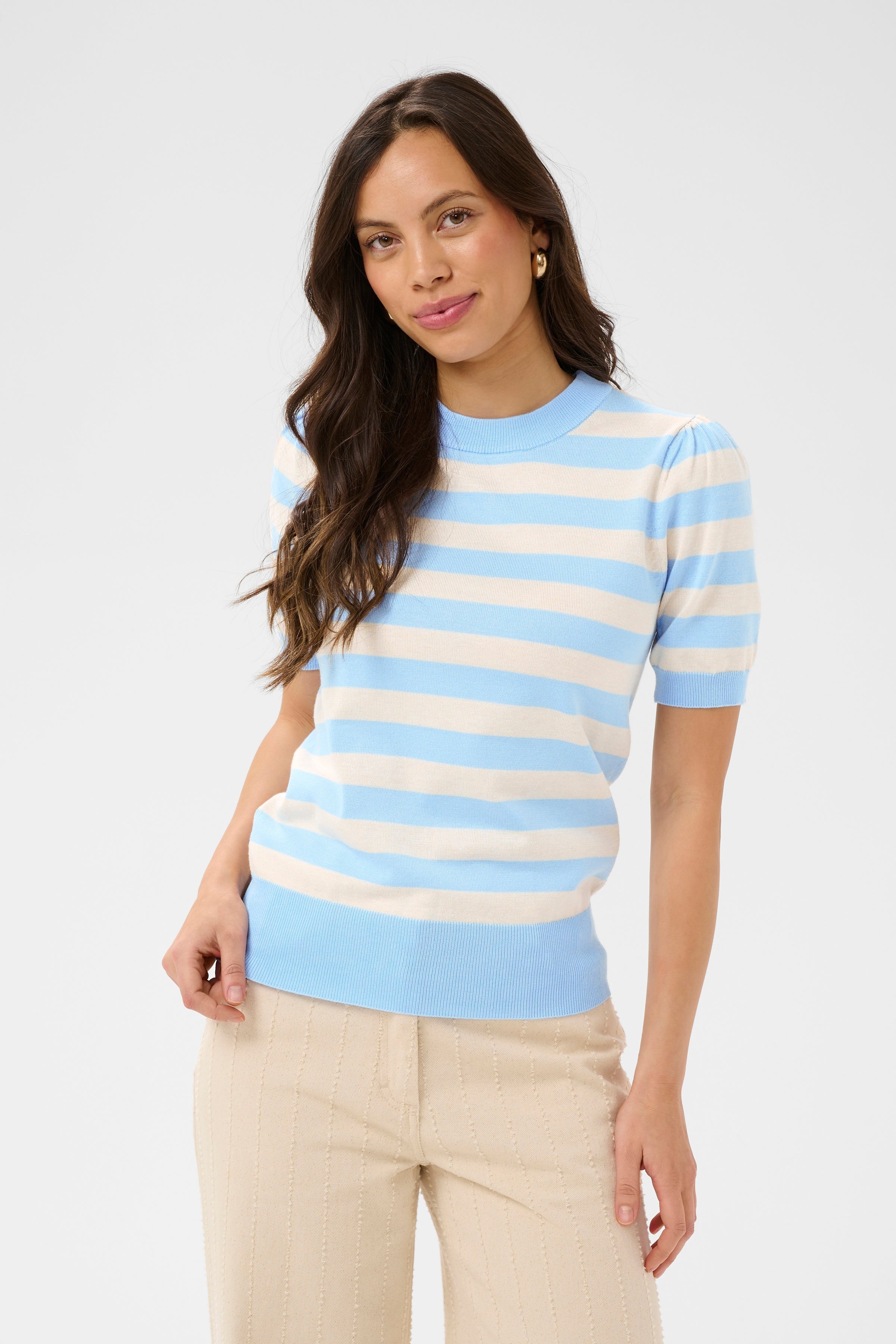 Mila Short Sleeve Block Stripe Pullover in Cerulean Beige by Saint Tropez