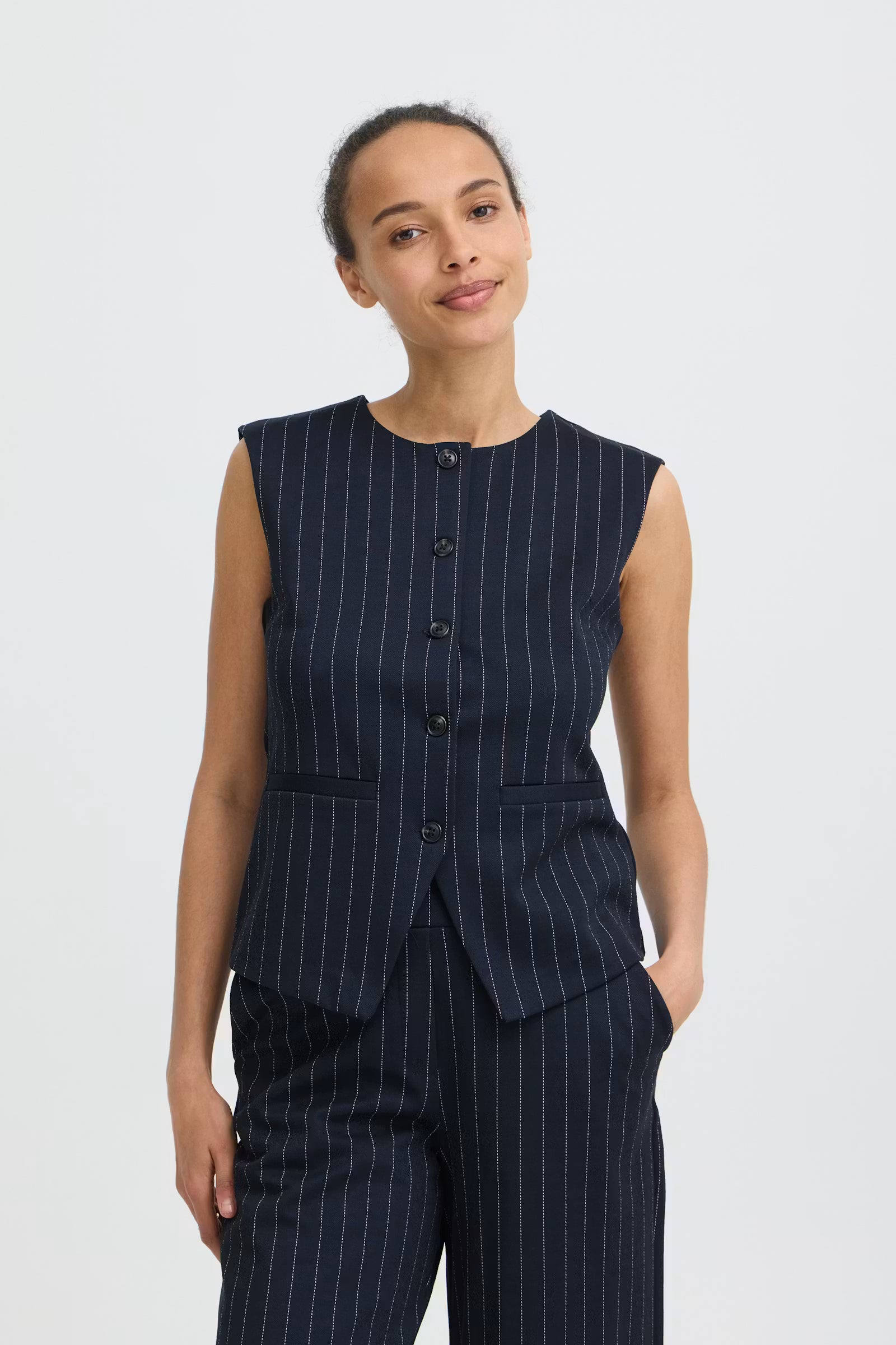 Rowan Vest in Dark Sapphire Stripe by b.young