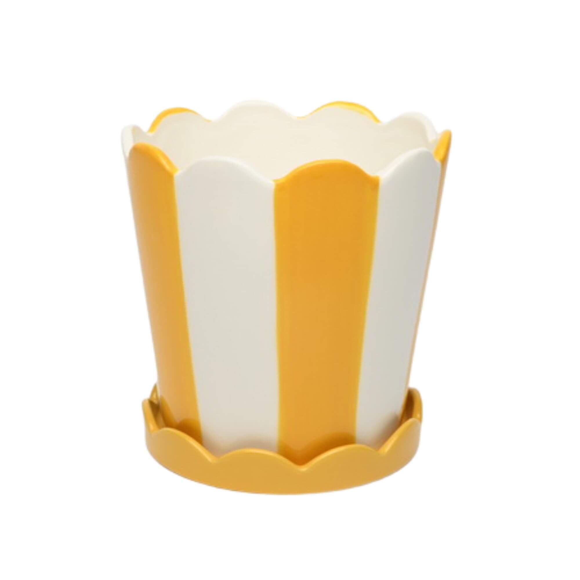 Large White & Yellow Striped Scalloped Pot With Saucer