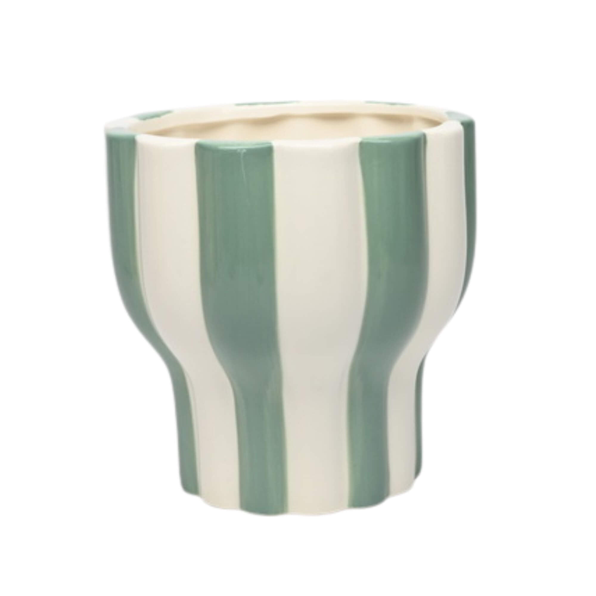 Large White & Green Striped Tapered Pot