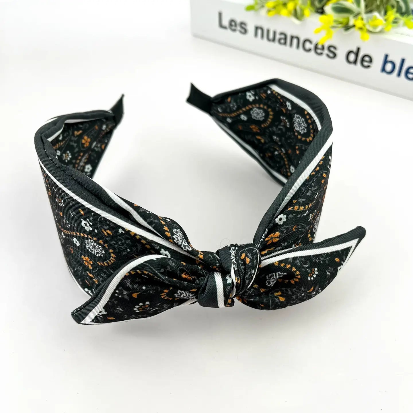 Dark Grey Paisley Floral Wide Headband