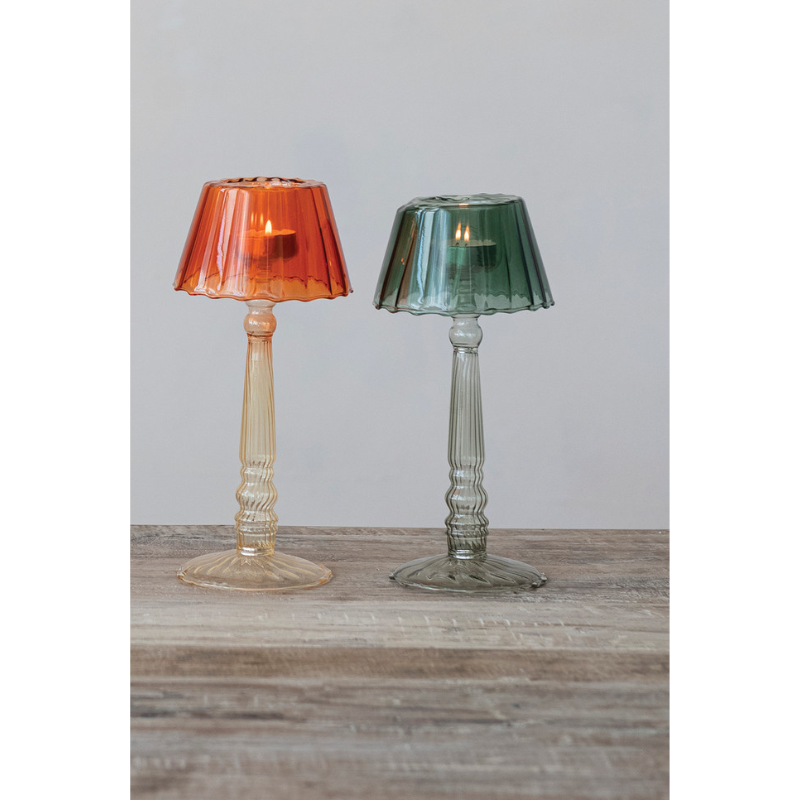 Glass Ribbed Table Light Tealight Holder in Orange