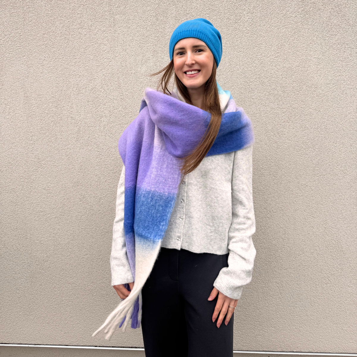 Ella Blanket Scarf in Violet, Blue & White by PNYC