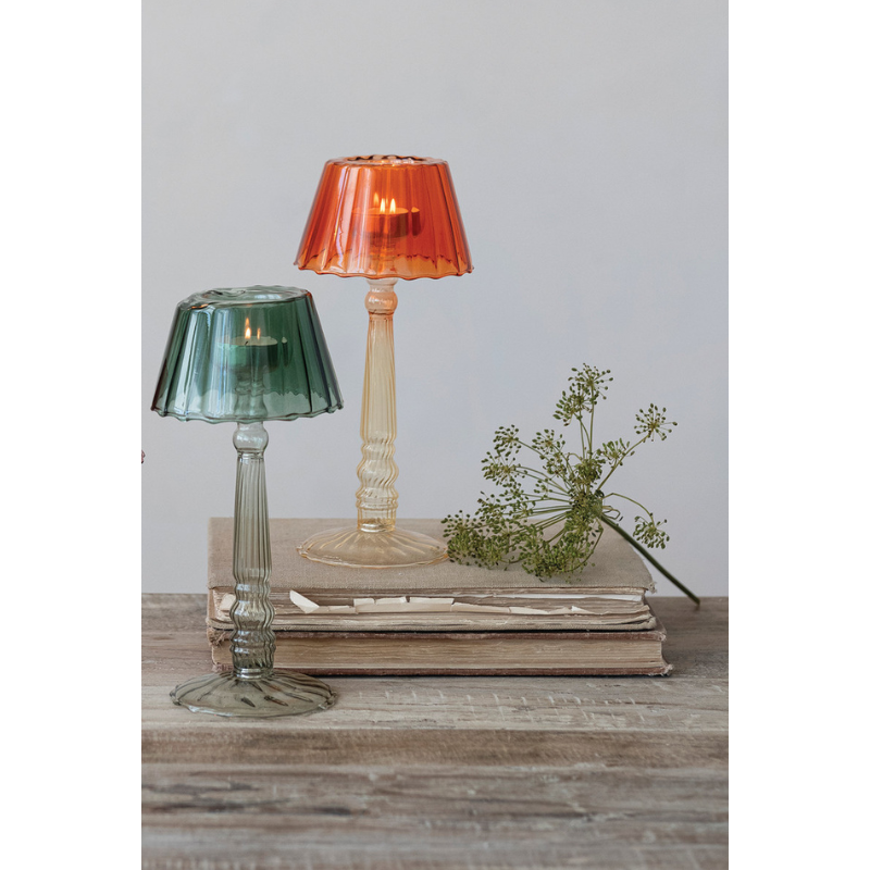 Glass Ribbed Table Light Tealight Holder in Orange
