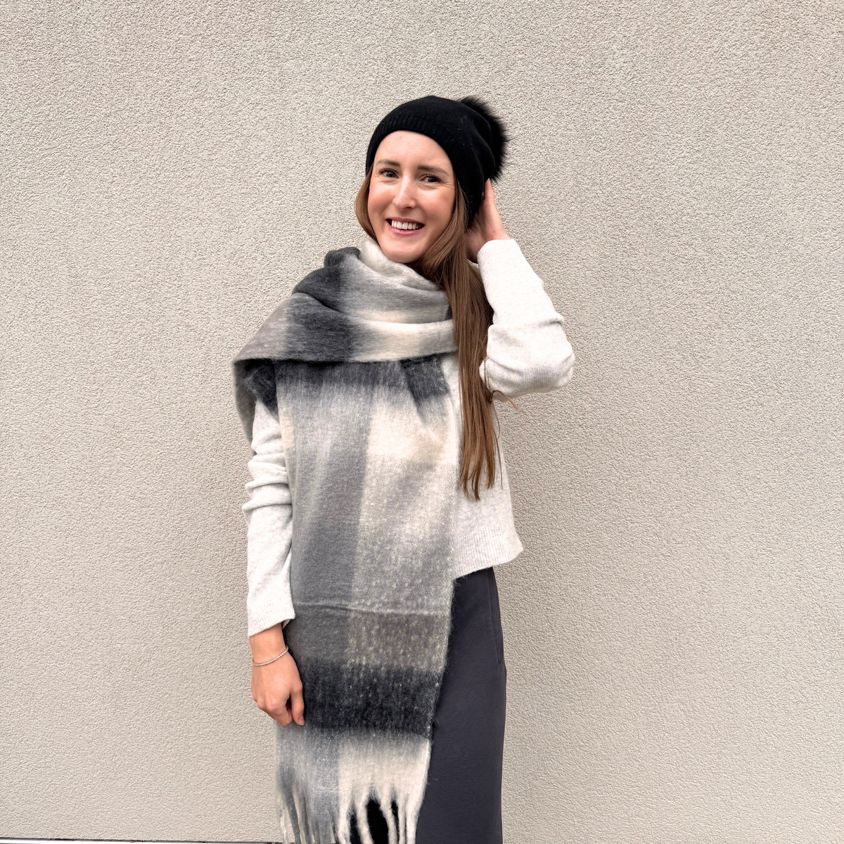 Ella Blanket Scarf in Black, Grey & Cream by PNYC
