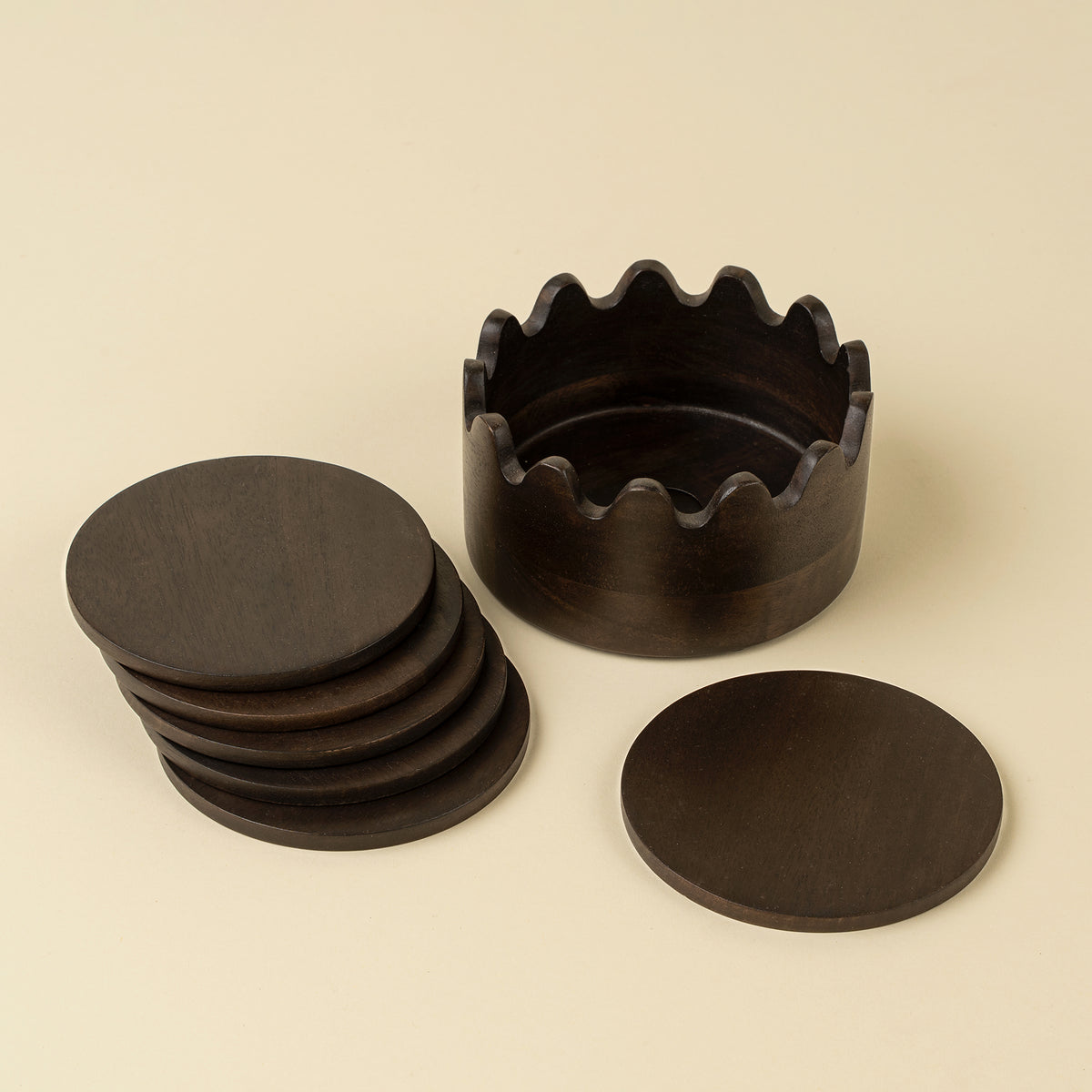 Dark Brown Wooden Coasters in Scalloped Box Set/6