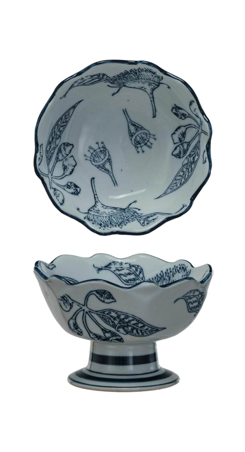 Hand Stamped Stoneware Scalloped Footed Bowl