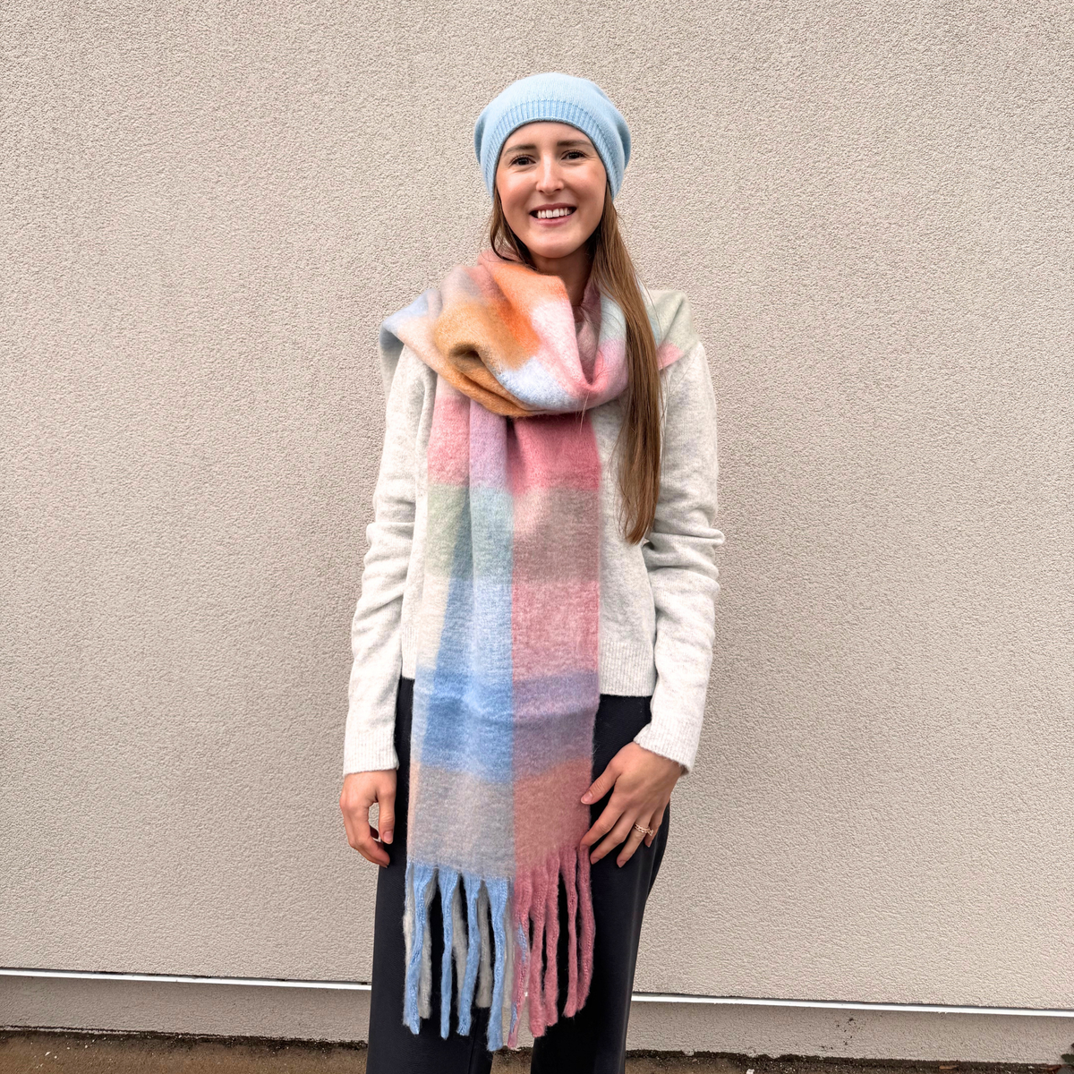 Ella Blanket Scarf in Blue, Camel & White by PNYC