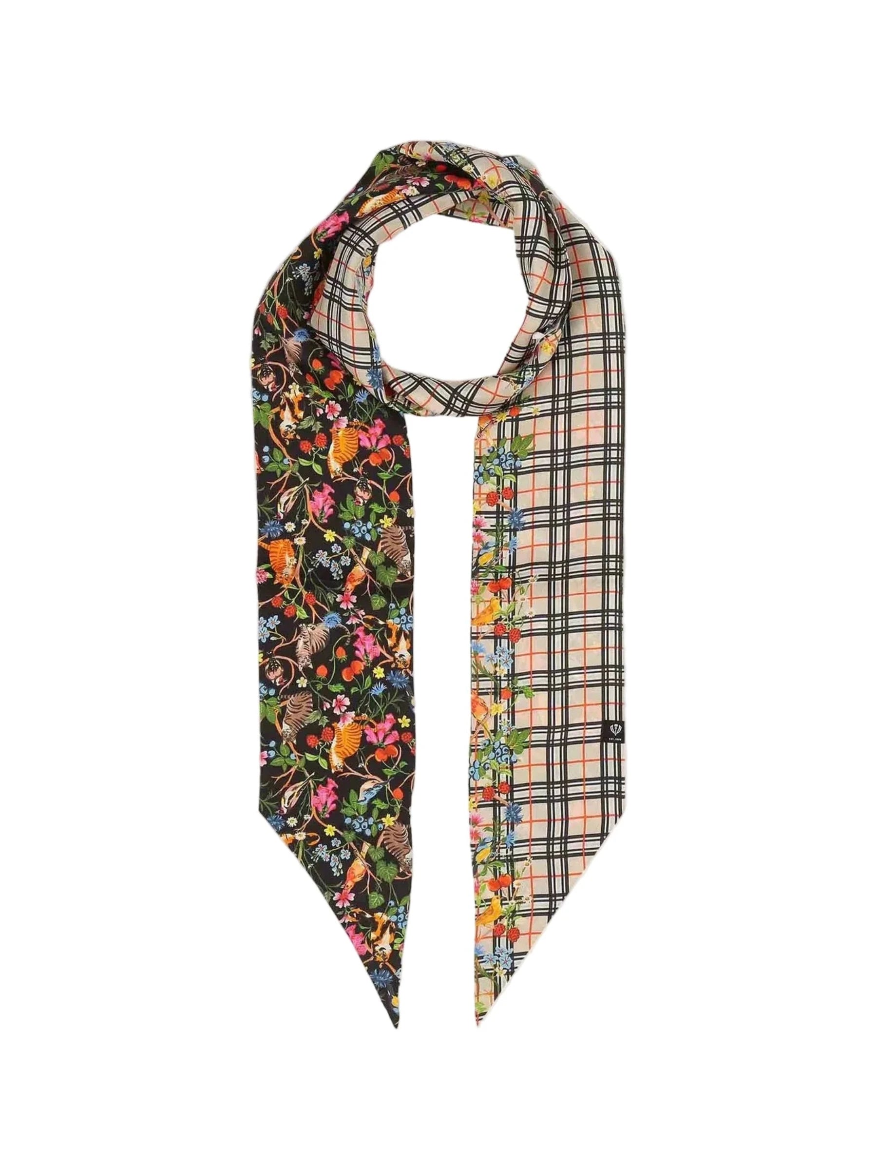 Plaid Jungle Cat Skinny Silk Scarf in Caviar by Fraas