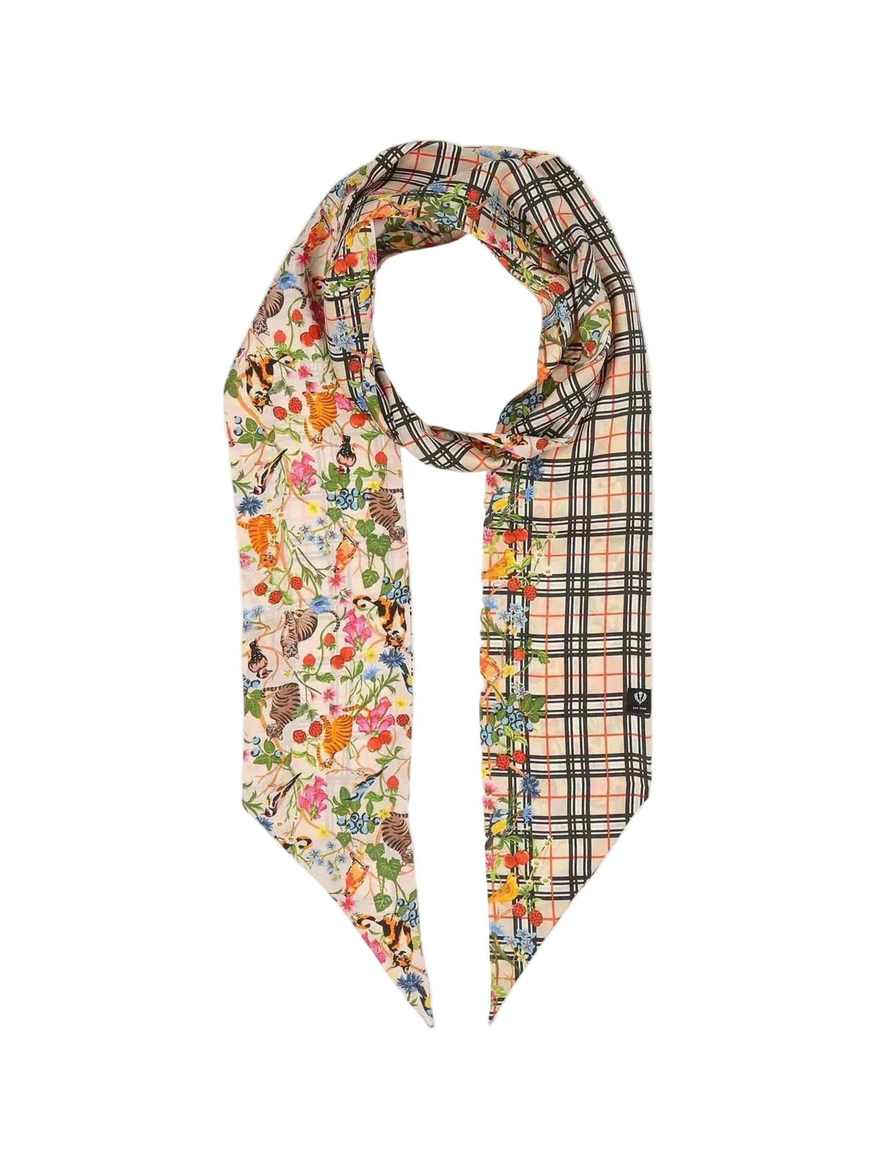 Plaid Jungle Cat Skinny Silk Scarf in Off White by Fraas