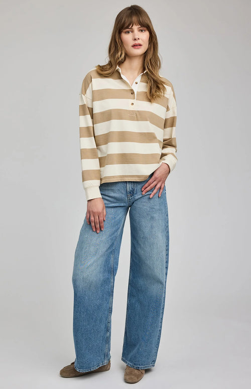 Britt Polo Top in Khaki Stripe by Gentle Fawn