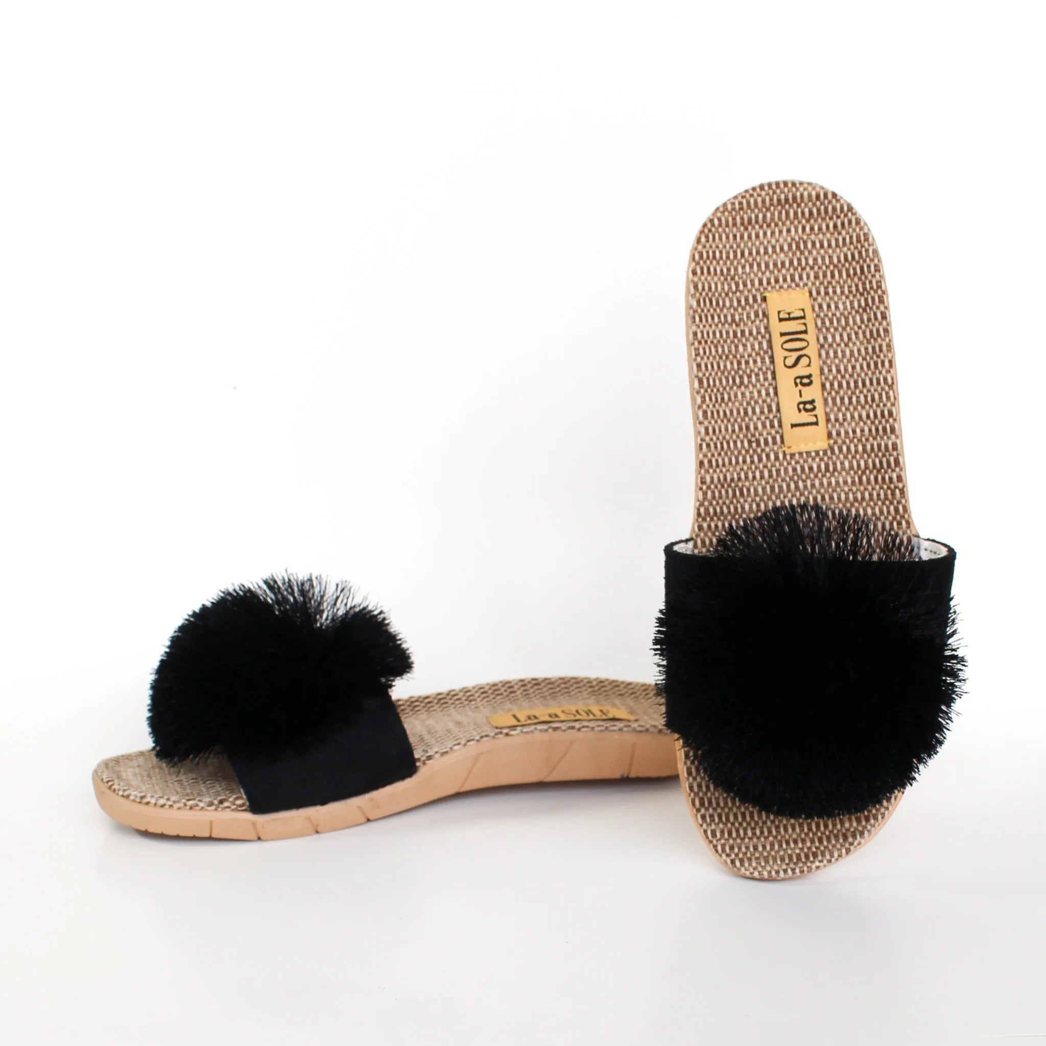 Pom Pom Slides in Black by La-a SOLE