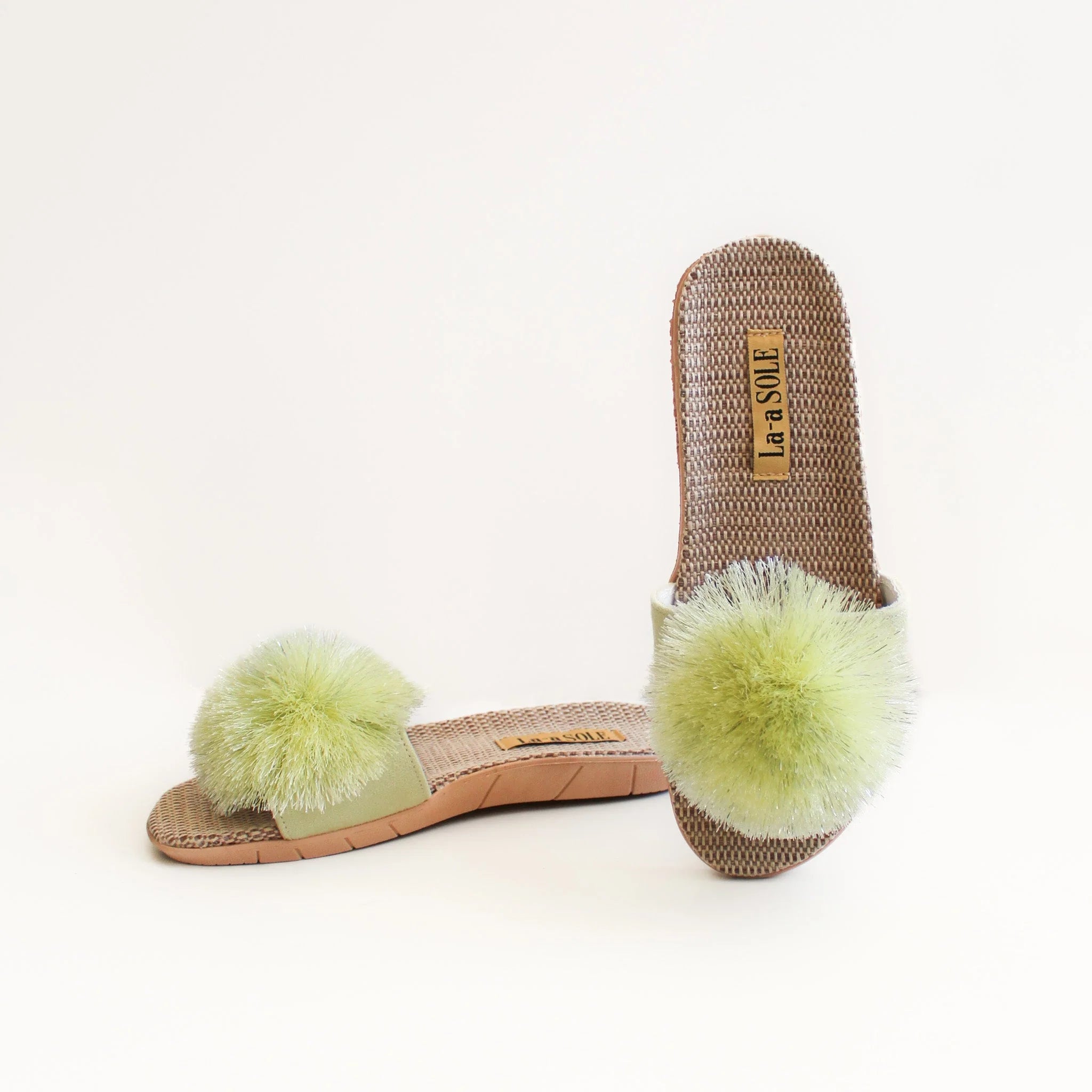 Pom Pom Slides in Matcha Shimmer by La-a SOLE