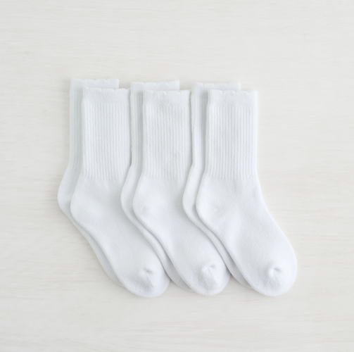 3Pk Terry Scallop Edge Crew Socks in White by Lemon Loungewear