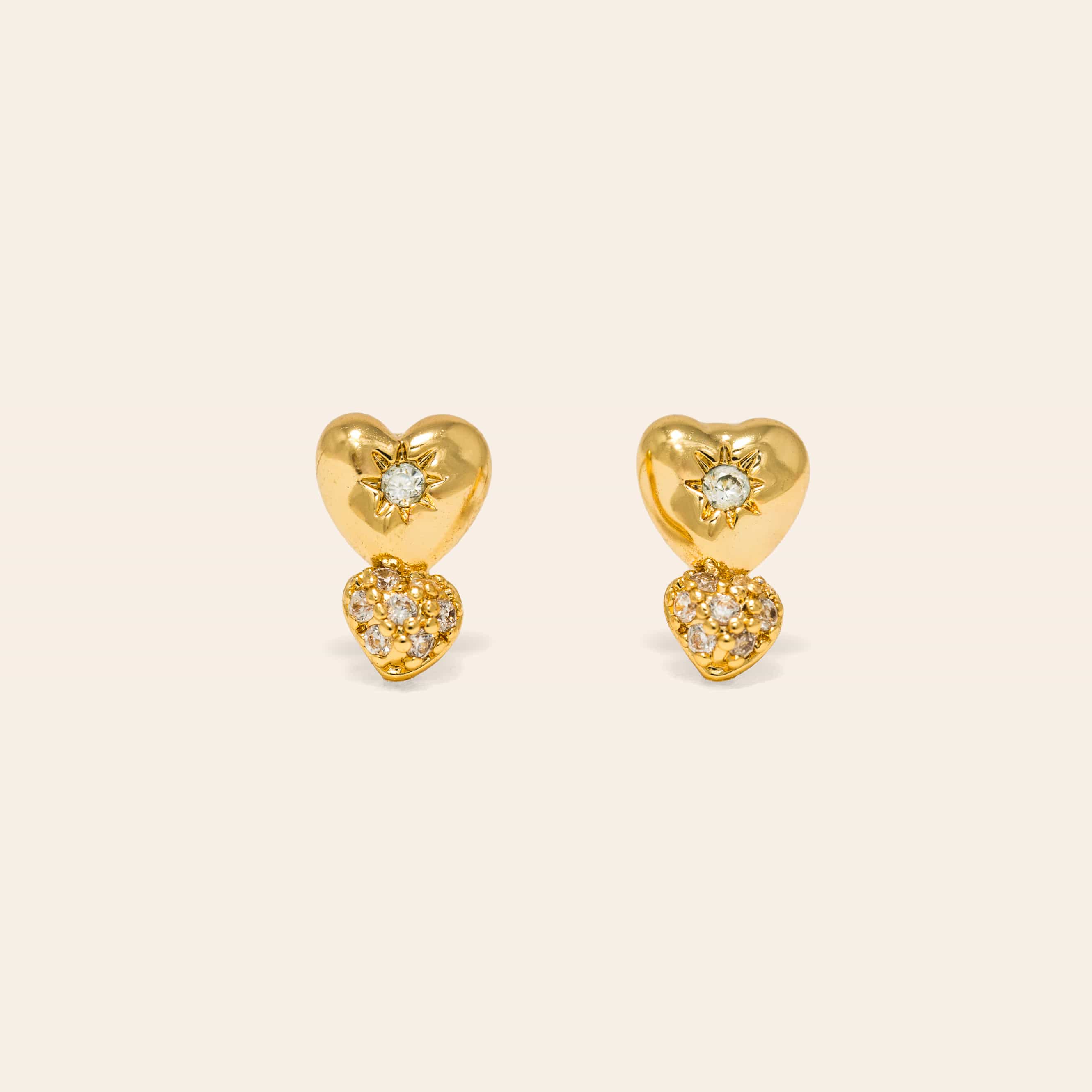 Micro Puff Double Heart Stud Earrings in Gold by Lover's Tempo