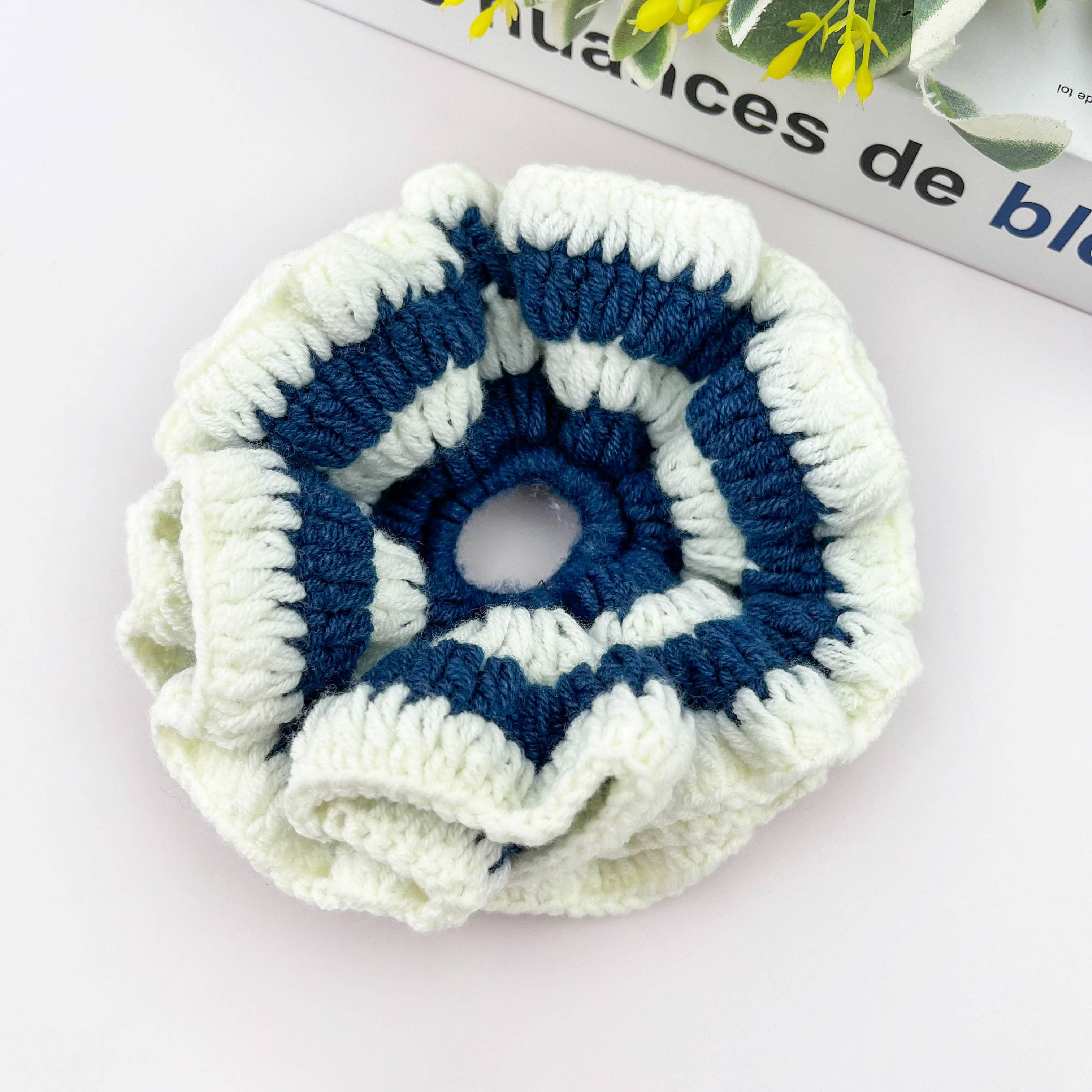 Hand Crocheted Scrunchie in Blue & White