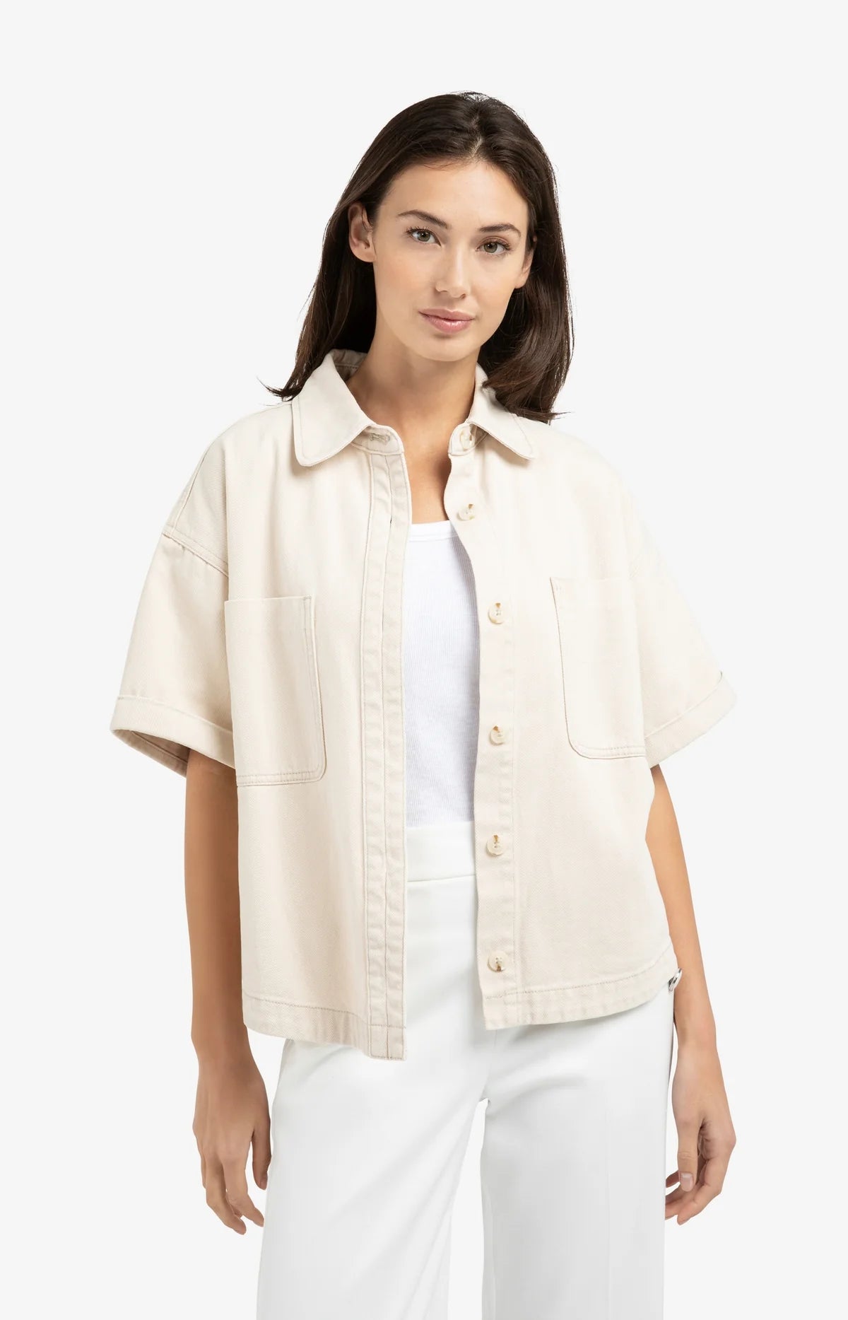 Denim Twill Short Sleeve Jacket in Dessert Beige by YAYAQuality Composition: 100% Cotton