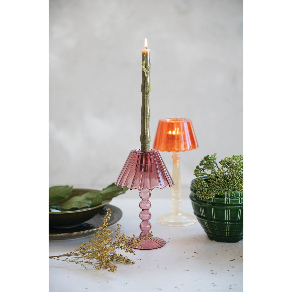 Glass Scalloped Table Tealight/Taper Holder in Plum