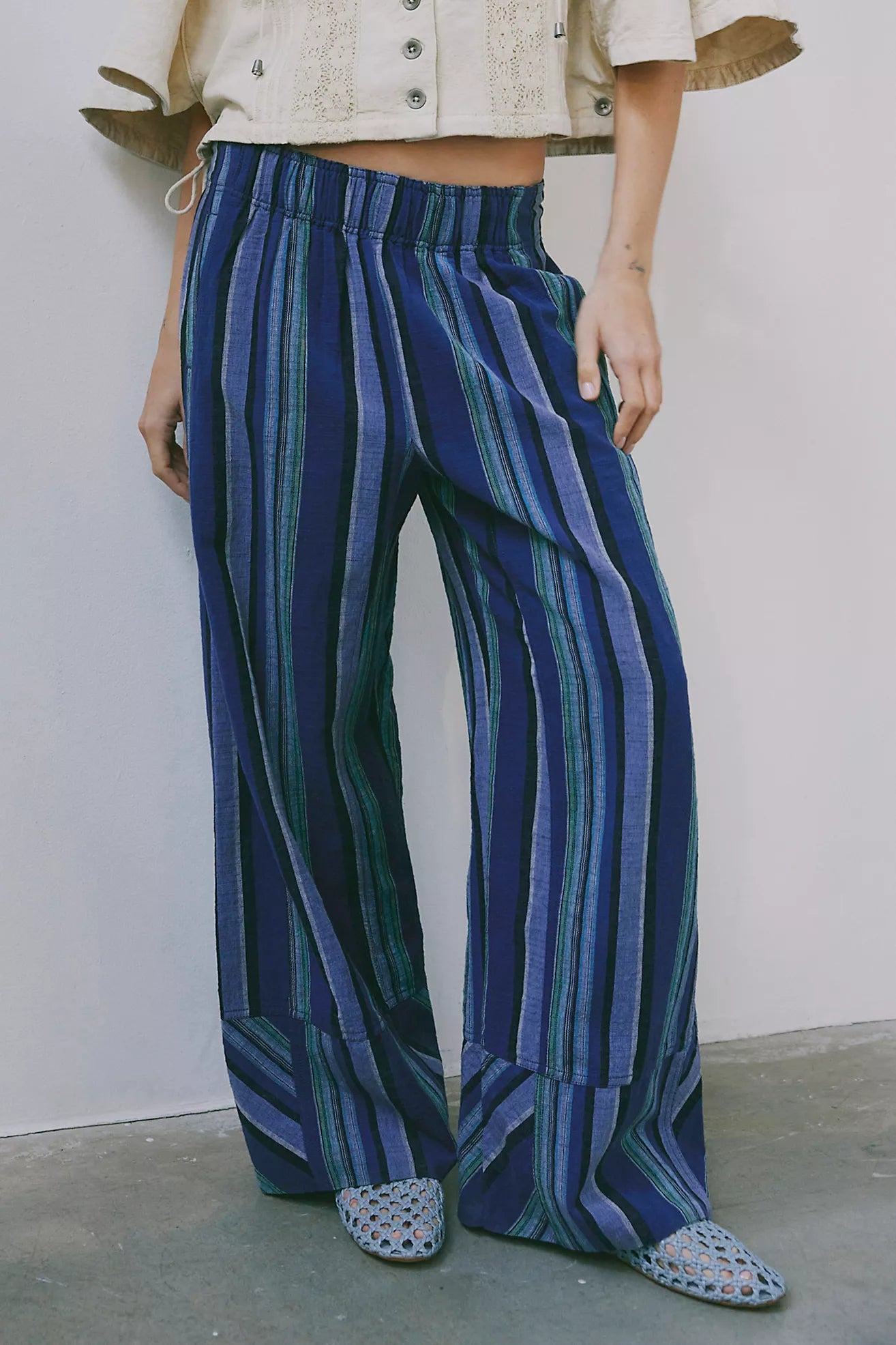 Days End Solar Linen Stripe Pant in Navy Combo by Free People