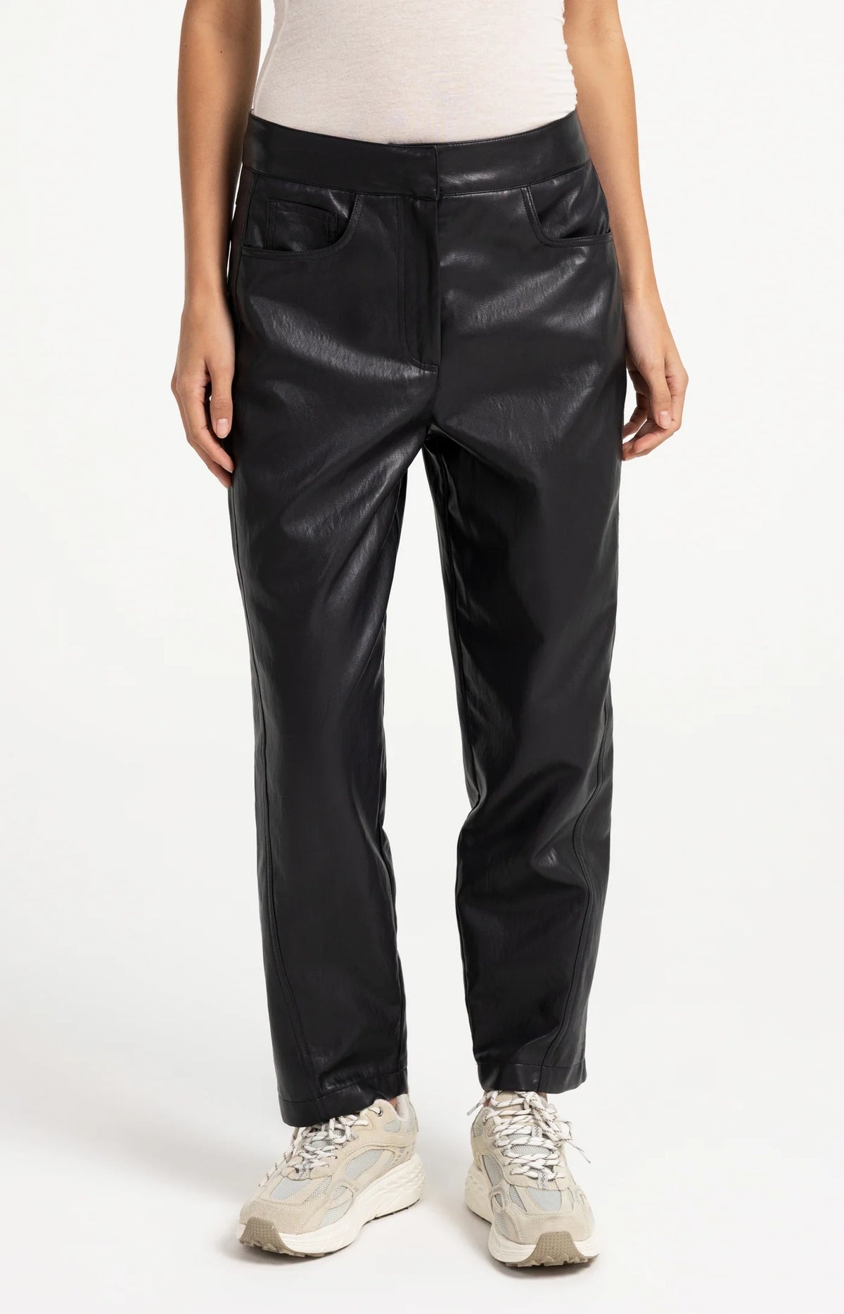 Faux Leather Carrot Fit Trousers in Black by YAYA