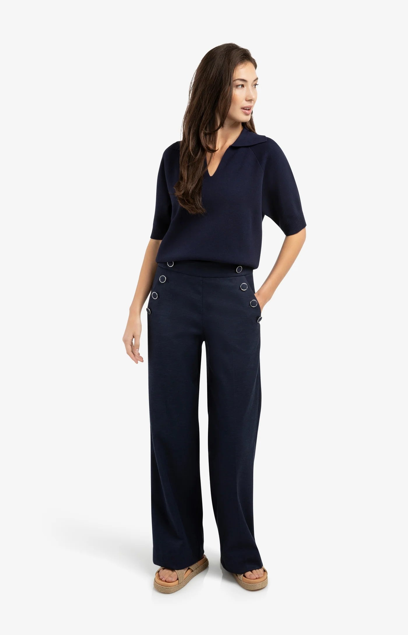 High Waisted Wide Leg Trouser in Navy by YAYA