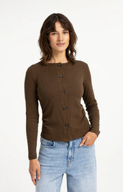 Jersey Double Button Cardigan in Teak Brown Melange by YAYA