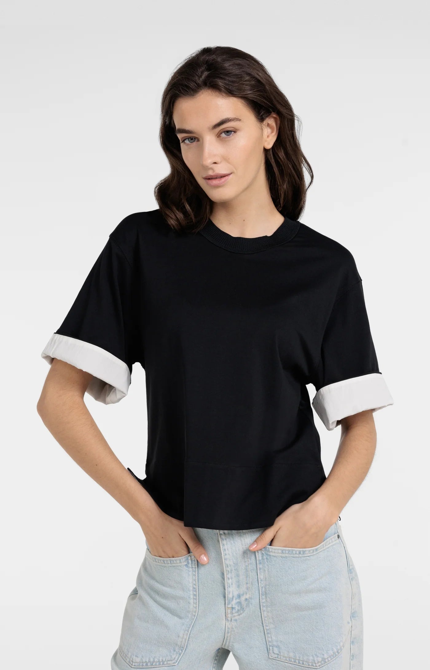 Jersey Top With Woven Detail in Black by YAYA