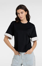 Jersey Top With Woven Detail in Black by YAYA
