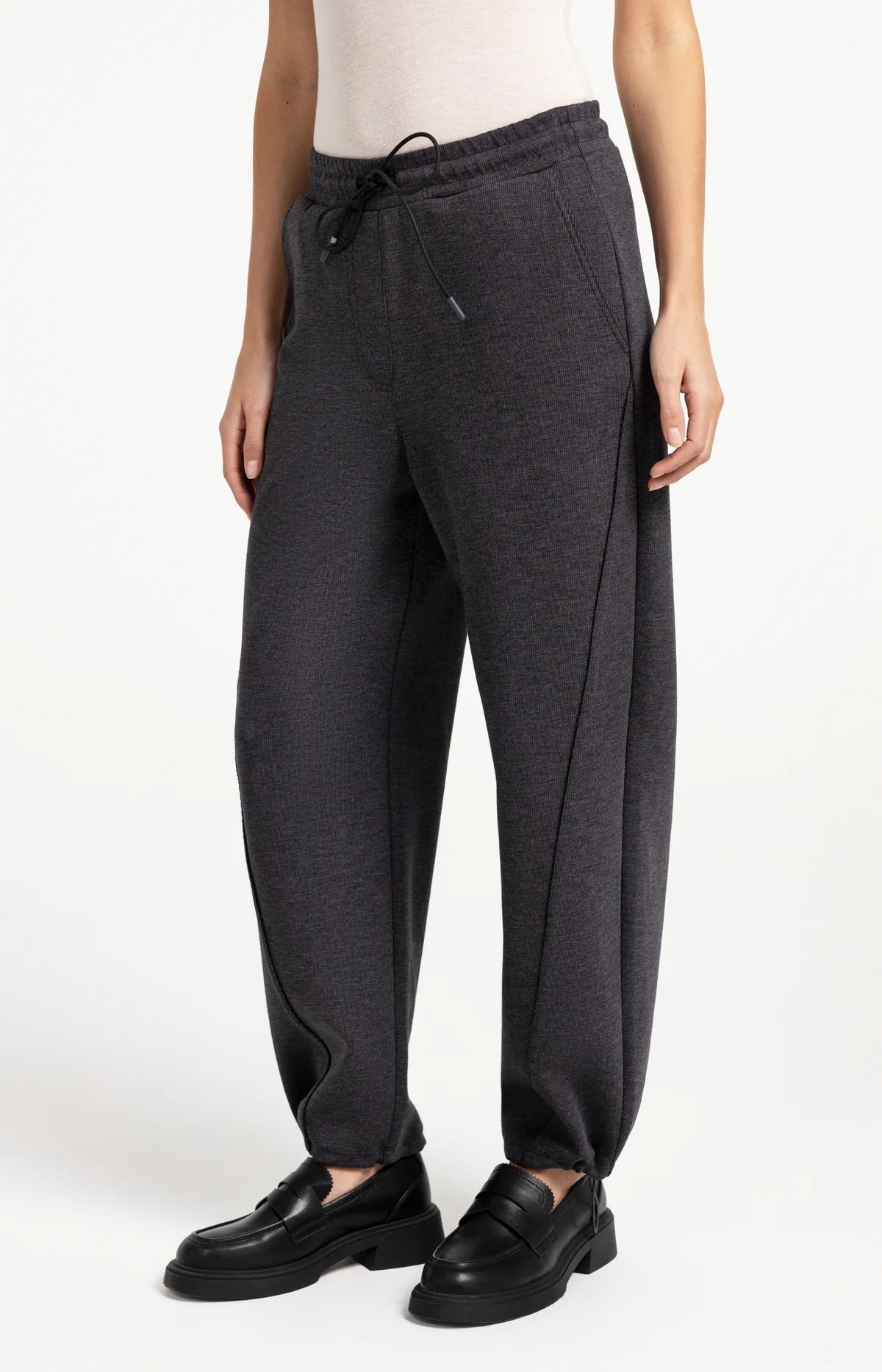 Jersey Loose Fit Barrel Trousers in Black Melange by YAYA