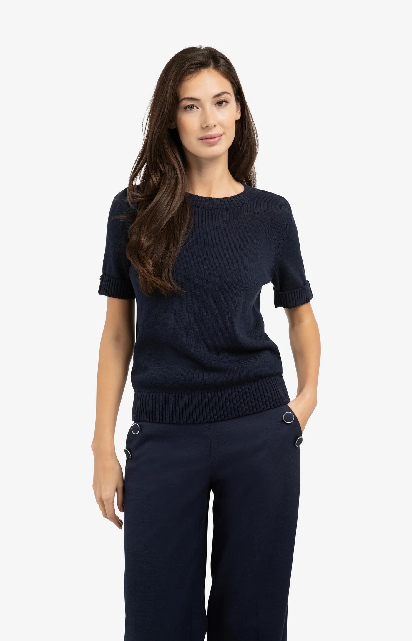 Knitted sweater with Rolled-Up Sleeves in Navy Blazer Blue by YAYA