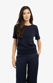 Knitted sweater with Rolled-Up Sleeves in Navy Blazer Blue by YAYA