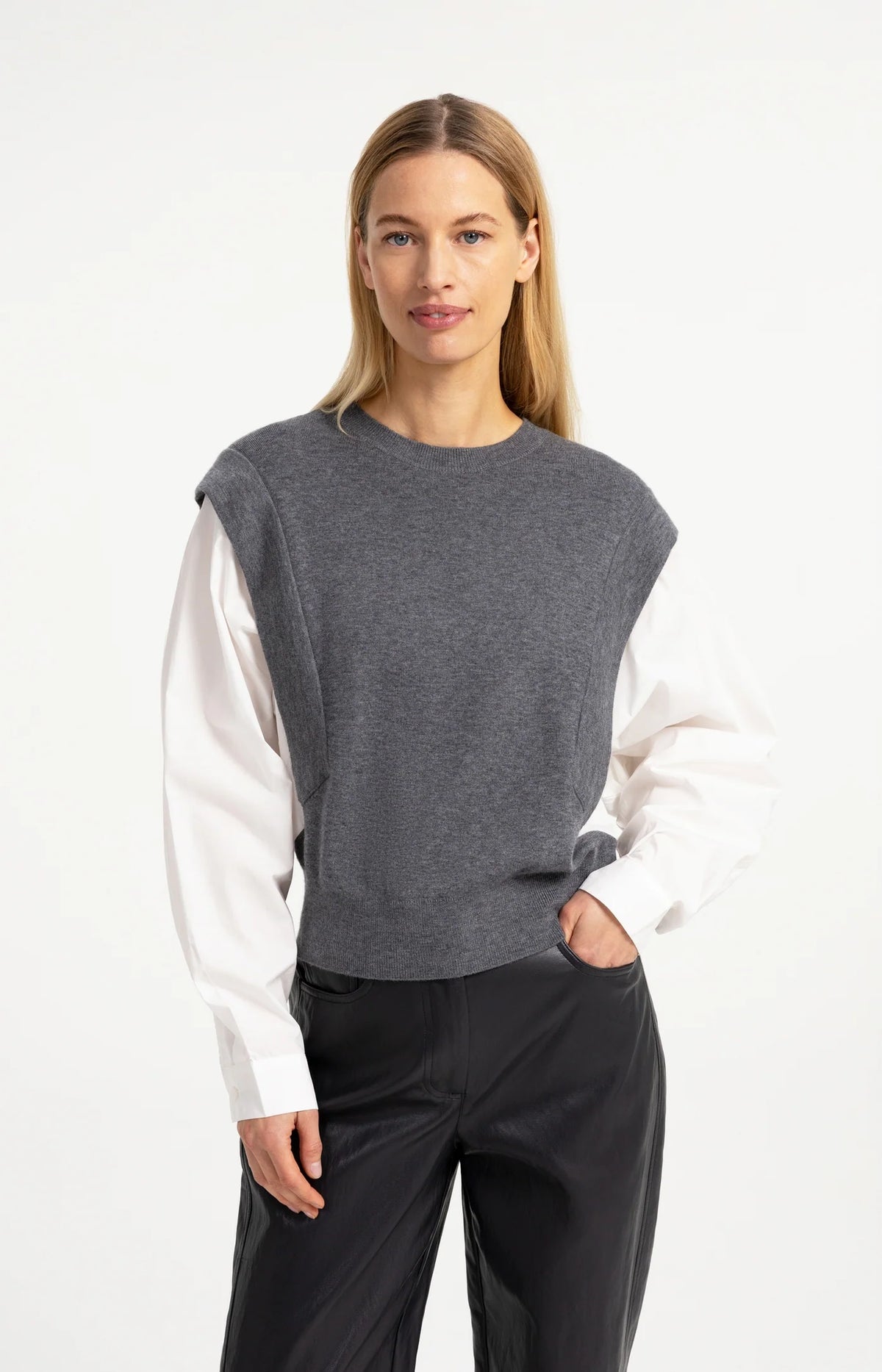 Knitted Sweater With Woven Sleeves in Grey Melange by YAYA