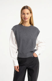 Knitted Sweater With Woven Sleeves in Grey Melange by YAYA