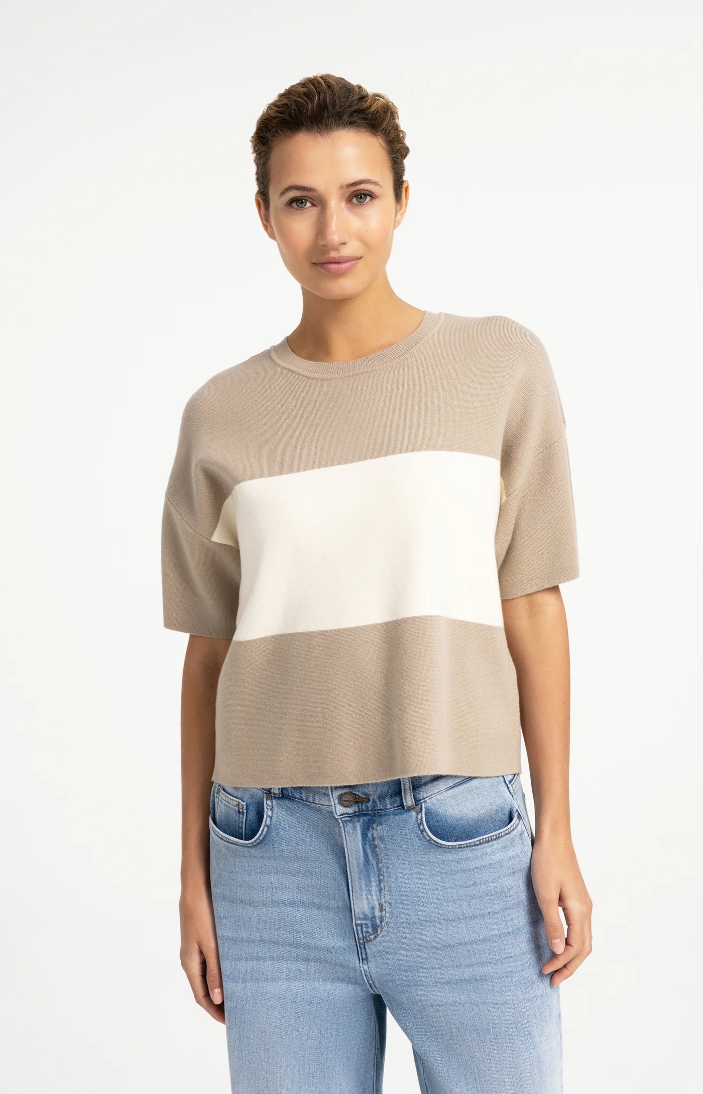Blockstripe Short Sleeve Sweater in Pure Cashmere Grey YAYA