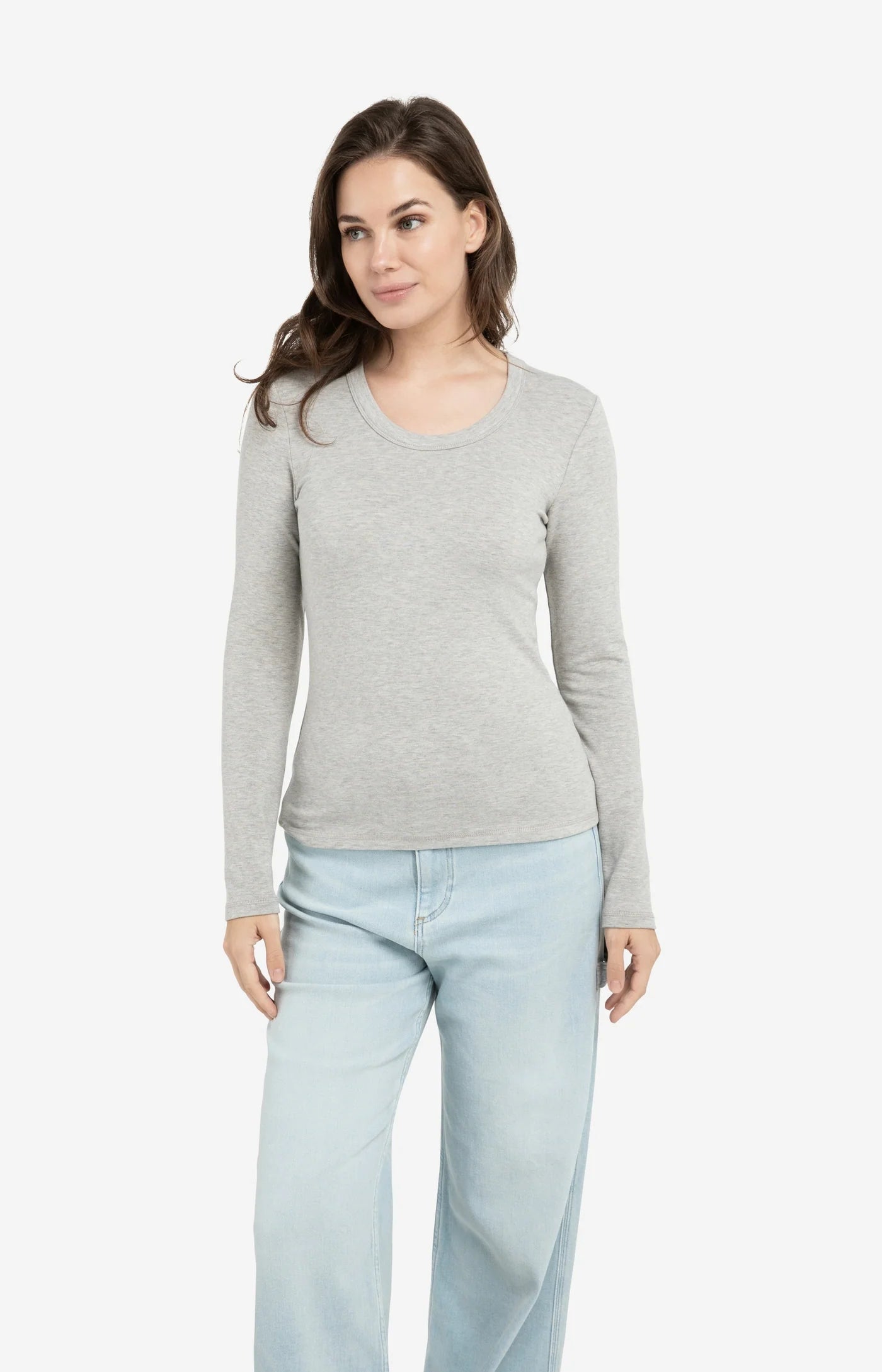 Round Neck Long Sleeve T-Shirt in Vapor Blue Grey Melange by YAYA