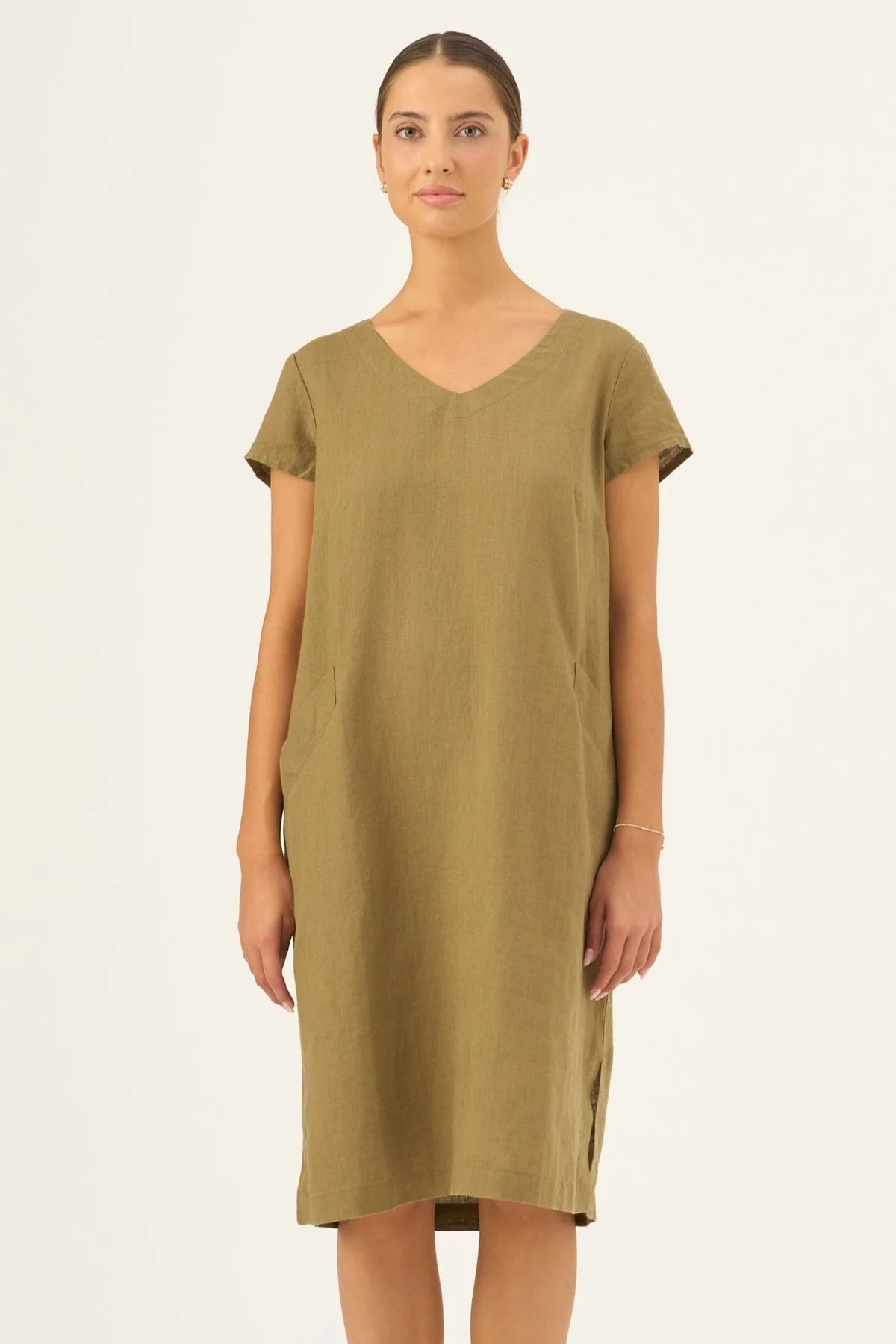 Goldenrod Dress in Olive Khaki by Linen Tales