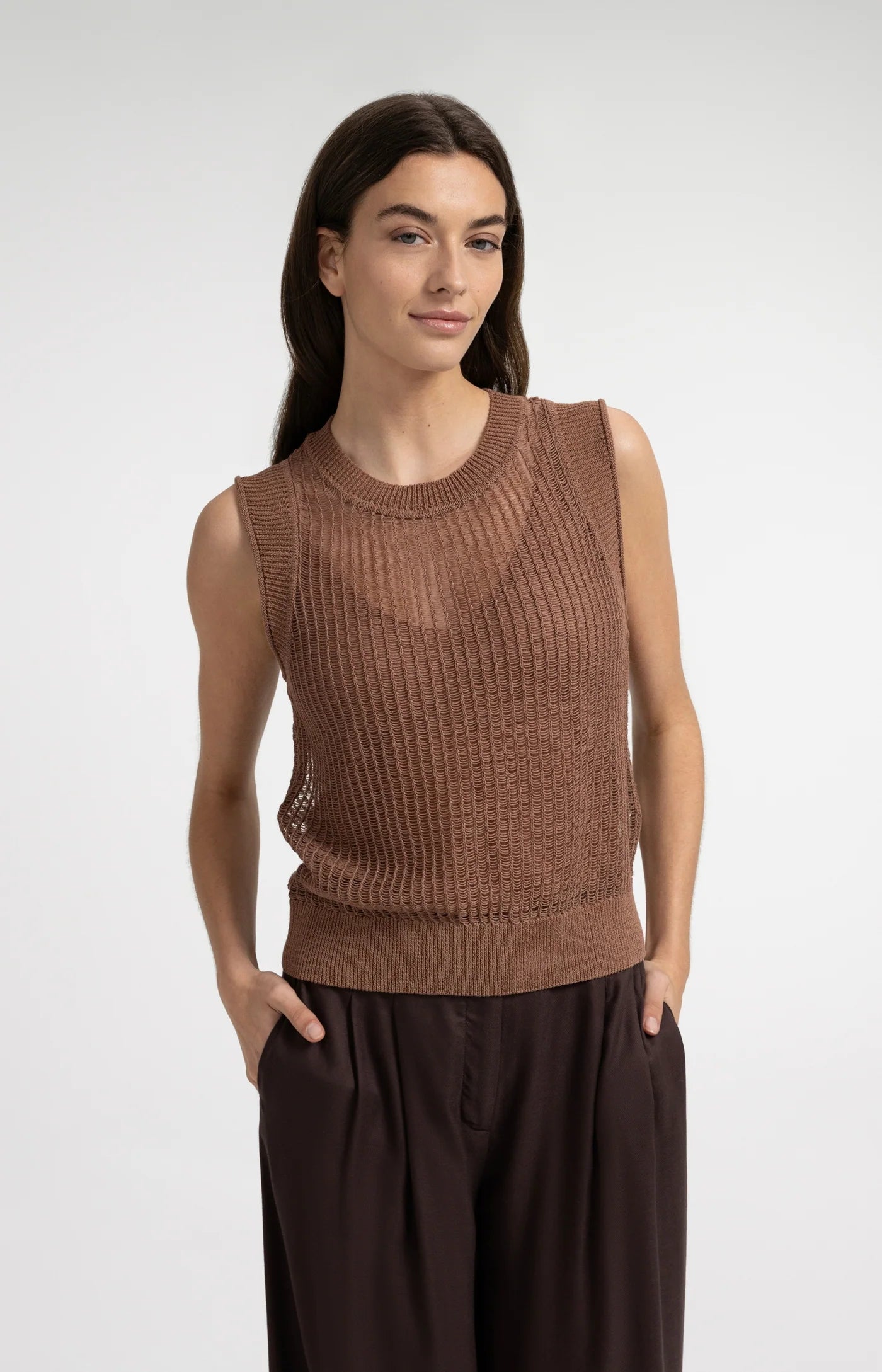 Open-Knit Top with Matching Underlayer in Rawhide Brown Melange by YAYA
