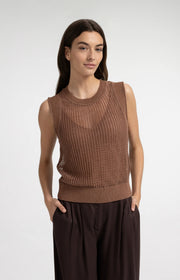 Open-Knit Top with Matching Underlayer in Rawhide Brown Melange by YAYA