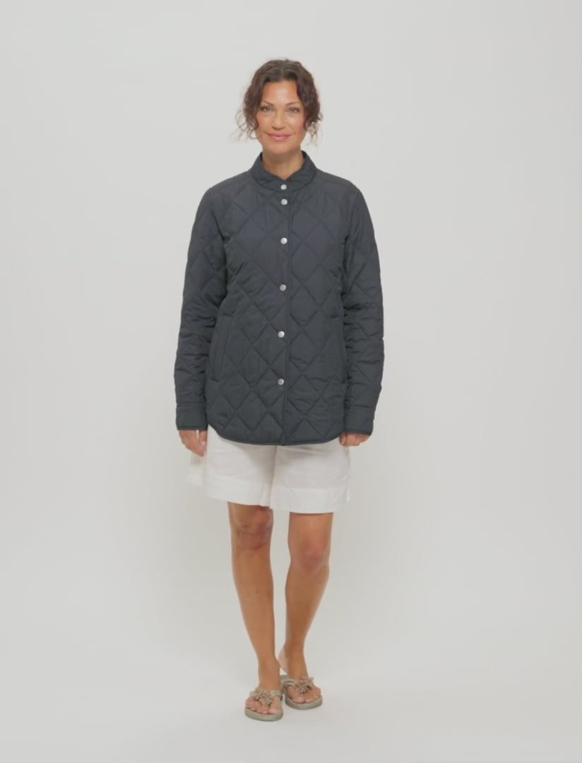 Load video: Quilted Shirt Jacket in Dark Indigo by Ilse Jacobsen