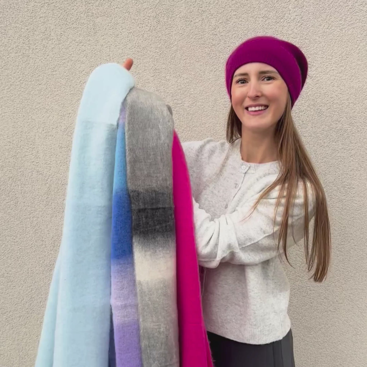 Load video: Ella Blanket Scarf in Violet, Blue &amp; White by PNYC