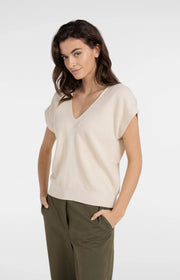 Mesh Stitch Double V-Neck Sweater in Creme Beige by YAYA