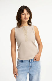 Sleeveless Top With Woven Placket in Pure Cashmere Grey by YAYA