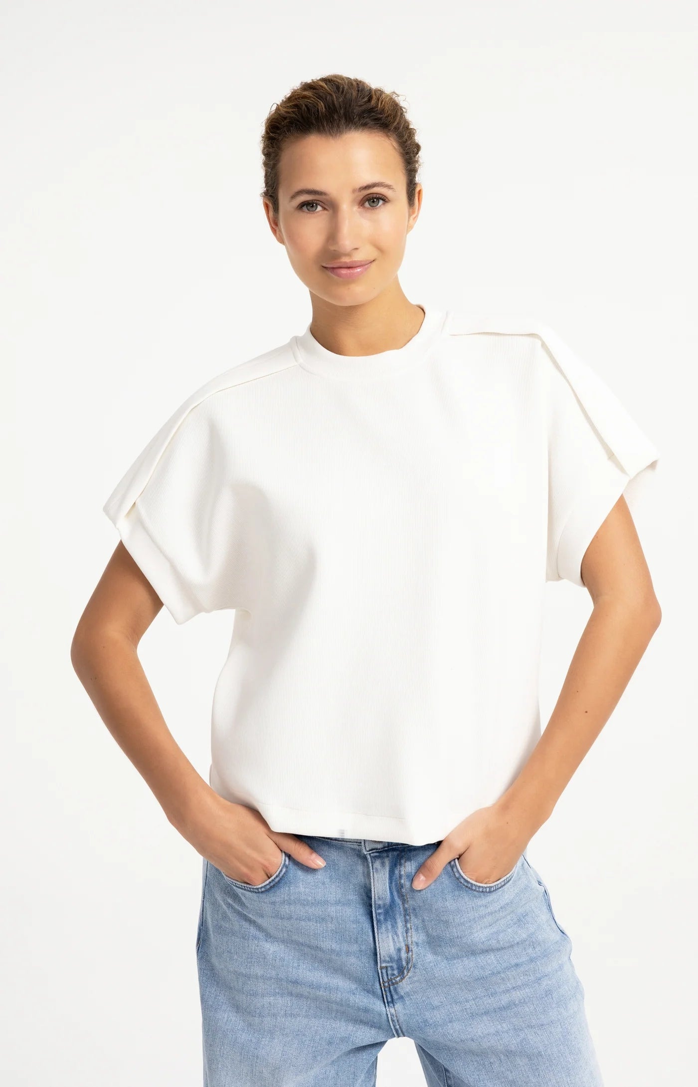 Sleeveless Pleated Shoulder Sweatshirt in Off White by YAYA