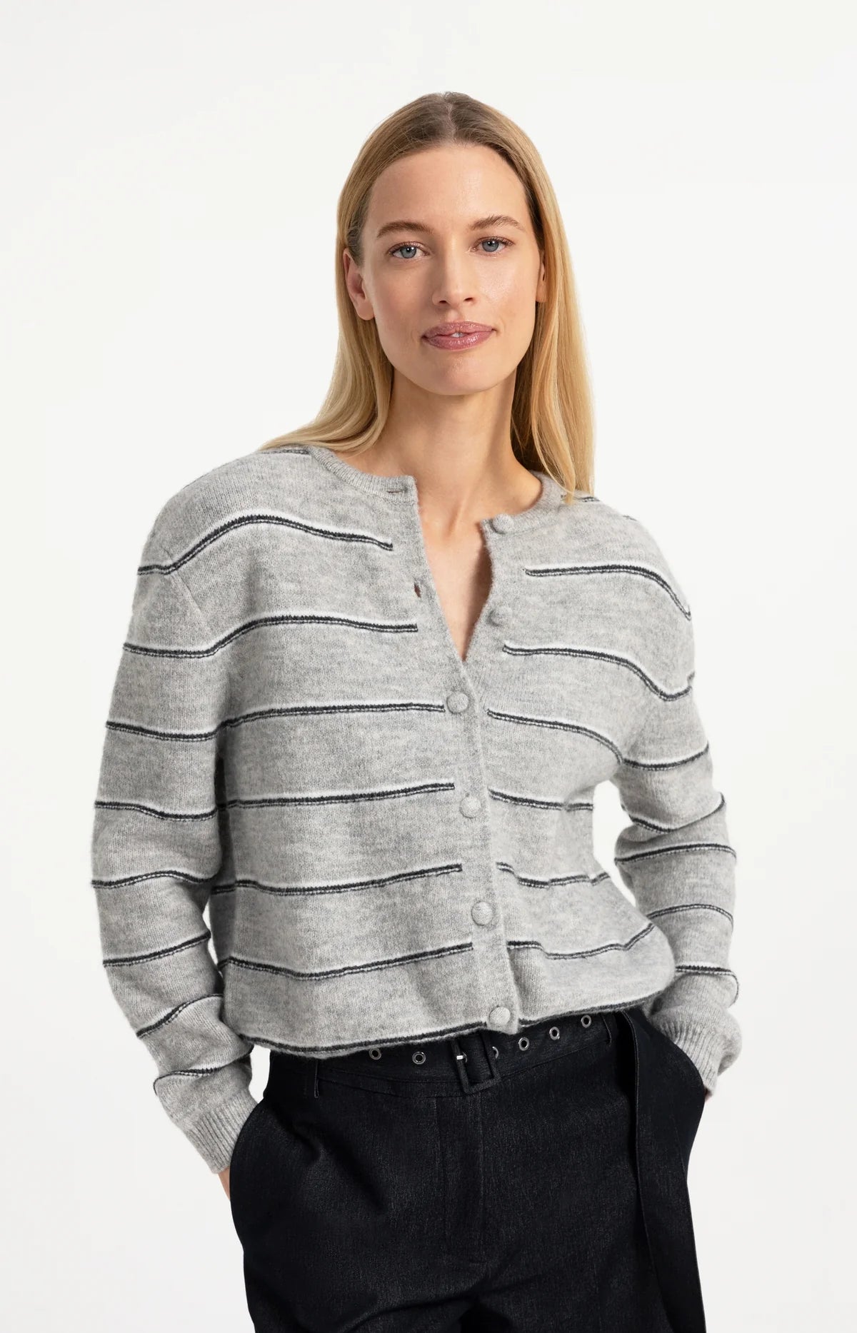 Knitted Striped Cardigan in Grey Melange by YAYA
