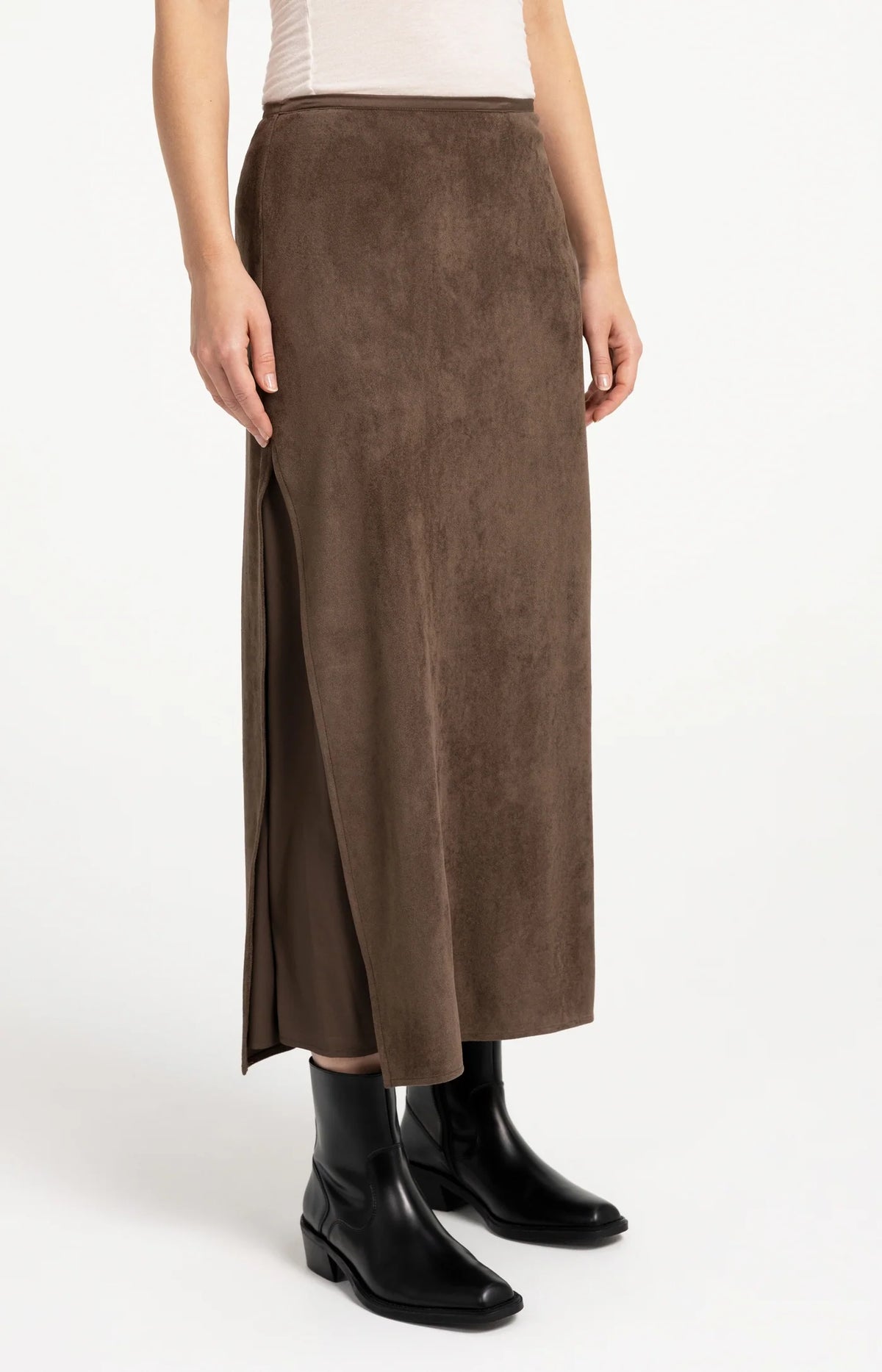 Suedine Midi Skirt in Slate Brown by YAYA
