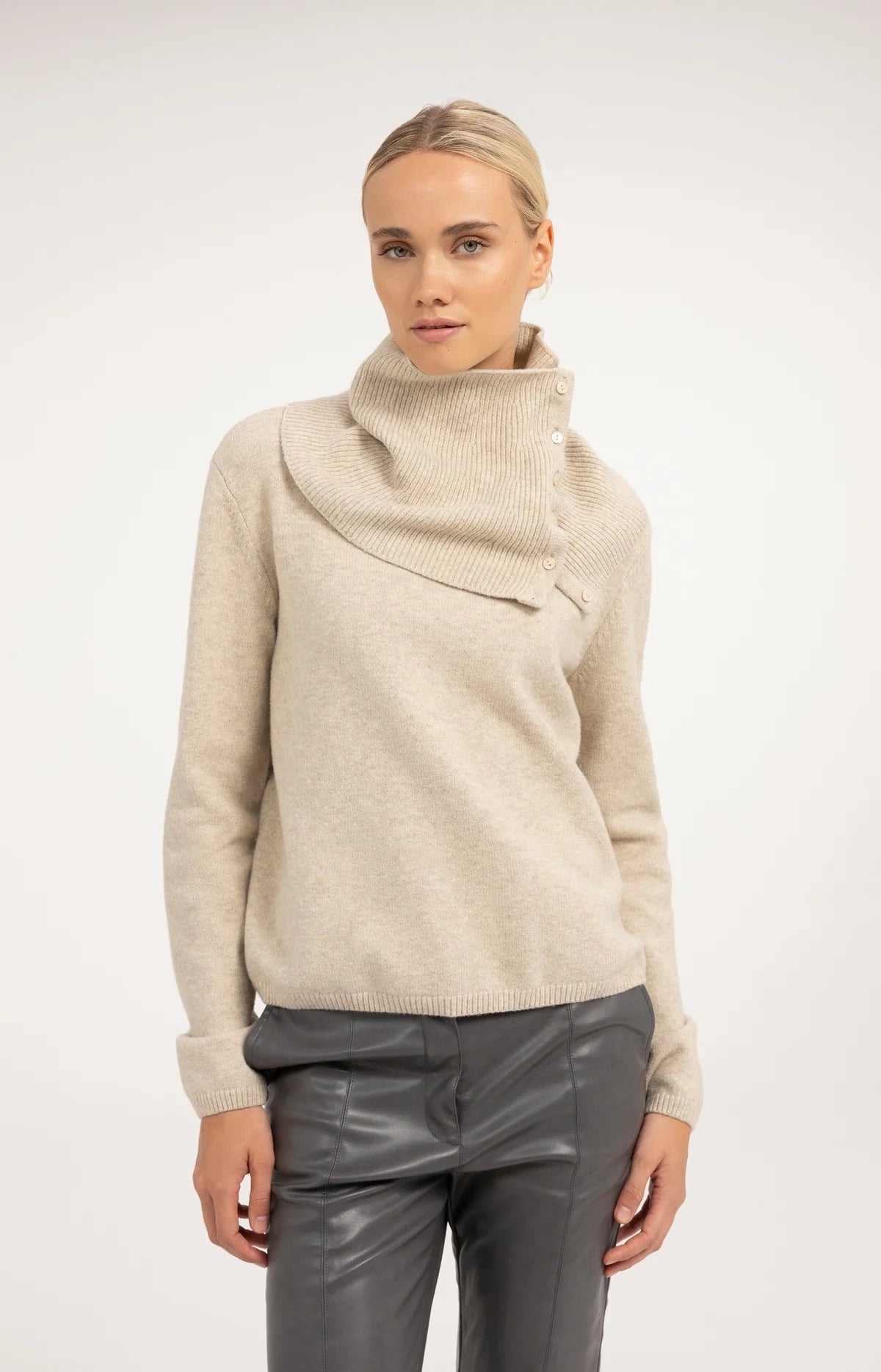 Sweater With Scarf & Buttons in Light Beige Melange by YAYA