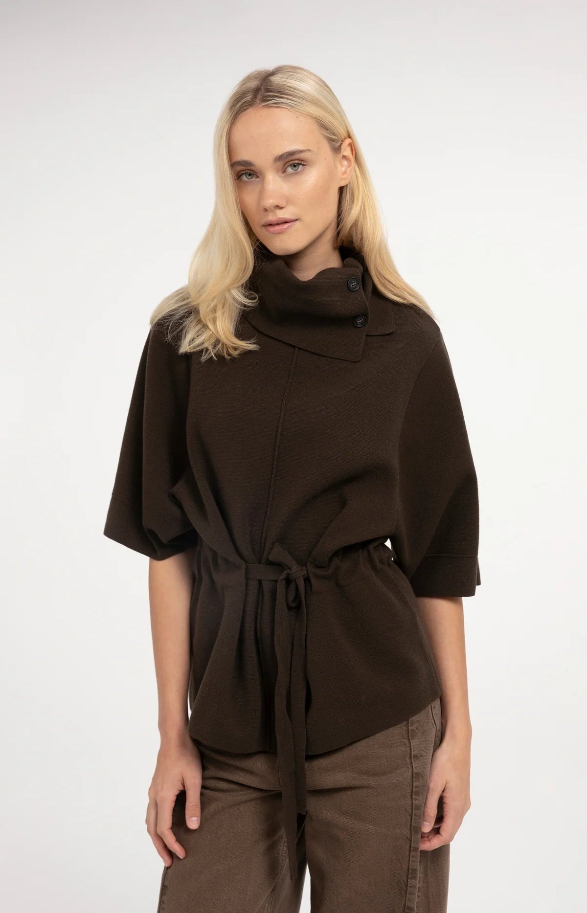 Sweater With High Neck & Buttons in Delicioso Brown by YAYA
