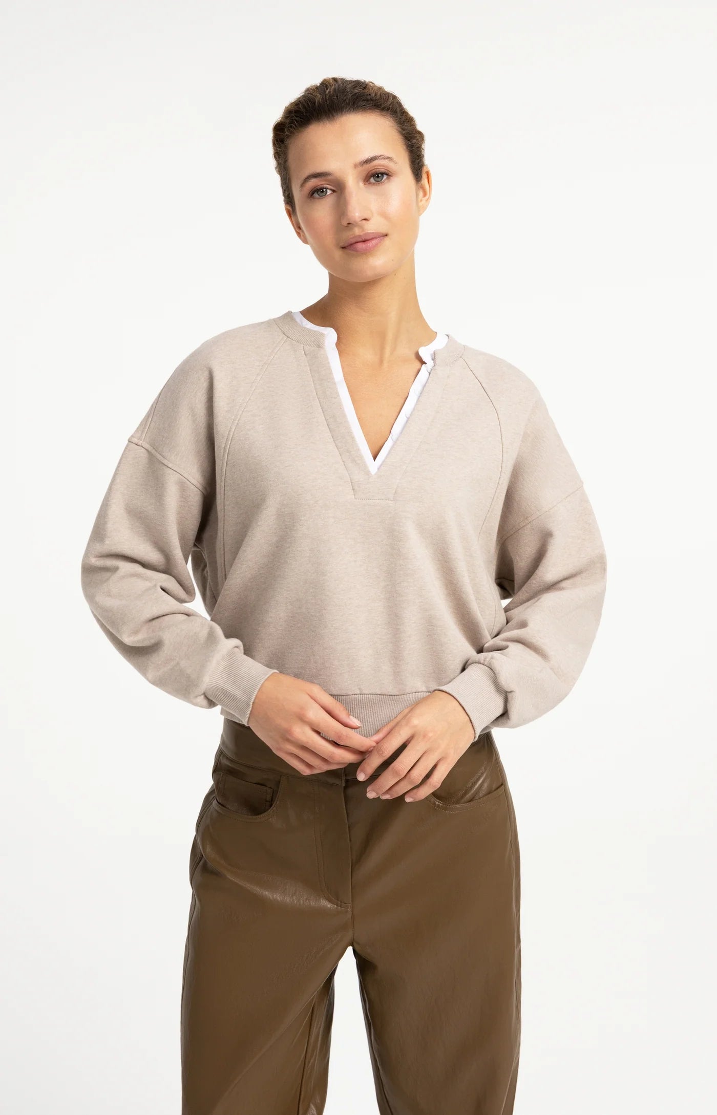 V-Neck Woven Collar Sweatshirt in Pure Cashmere Grey Melange by YAYA
