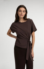 Round Neck Knotted Top in Aubergine Brown by YAYA